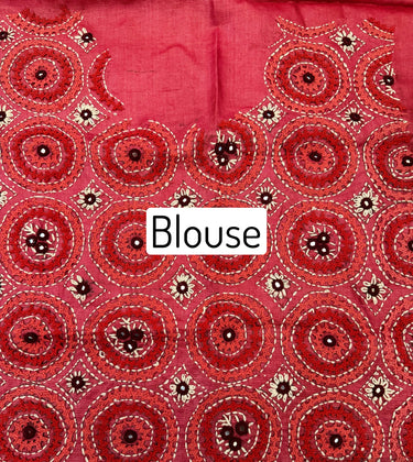 Lightweight Kutch Mirror Embroidery Pure Tussar Silk Saree | Shade of Light Vermillion Red | Hand Embroidery | Ships from California